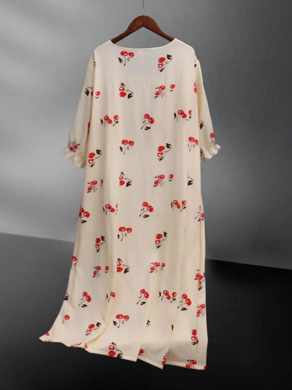 Plus Size Cherry Print Bow Front Frill Trim Nightdress, Summer Sleepwear Women, Casual Soft Flounce Sleeve Square Neck Nightgown, Fashion PJ Homewear