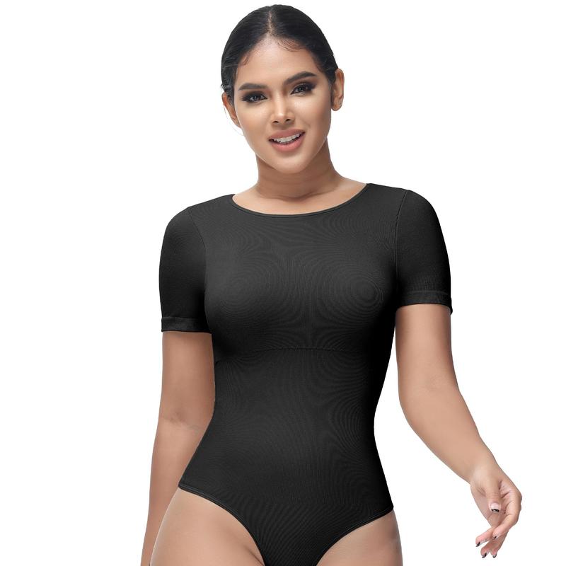 Soo Slick Women's Tummy Control Bodysuit – Crew Neck, Short Sleeve, Thong Sculpting Shapewear with Removable Padding for Comfort & Style Minimalist