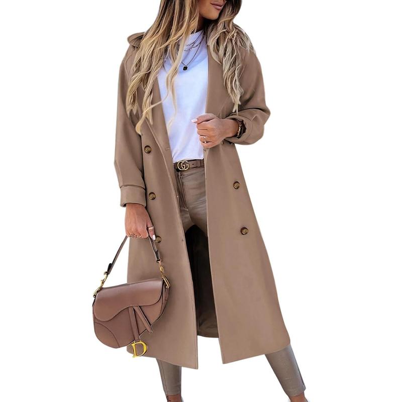 Fisoew Women's Long Coat Notched Lapel Collar Double Breasted Pea Coat Winter Elegant Wool Blend Over Coats Jackets NX2274