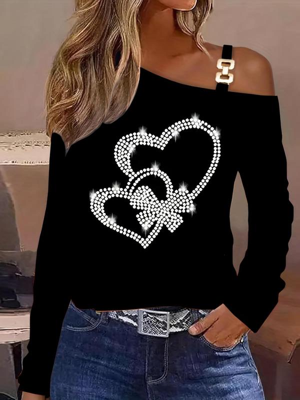 Women's Heart Print Chain Decor Asymmetrical Neck Tee, Galentine Day Outfit, Casual Fashion Cozy Long Sleeves T-shirt, Comfort Womenswear for Lady, Ladies Fitted Tops Clothes, Streetwear