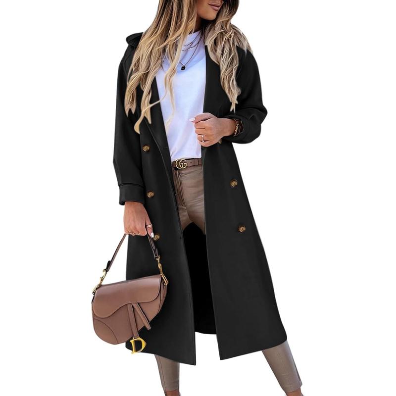 Fisoew Women's Long Coat Notched Lapel Collar Double Breasted Pea Coat Winter Elegant Wool Blend Over Coats Jackets NX2274