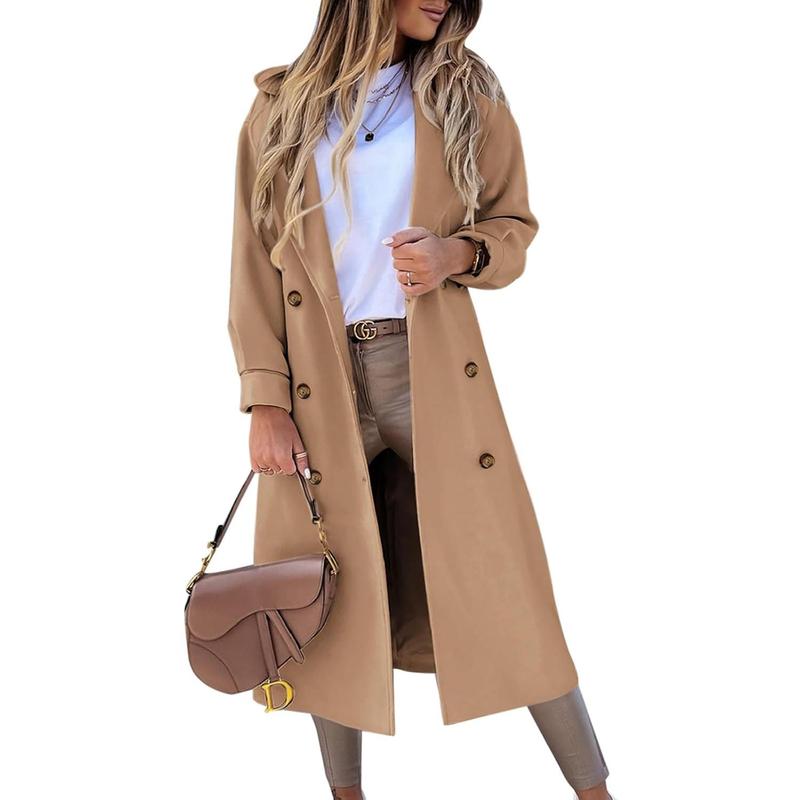 Fisoew Women's Long Coat Notched Lapel Collar Double Breasted Pea Coat Winter Elegant Wool Blend Over Coats Jackets NX2274