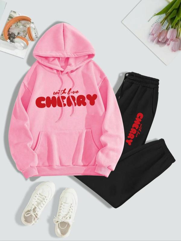 Two-piece Set Women's Cherry and Letter Print Thermal Lined Hoodie & Drawstring Waist Sweatpants, Casual Fashion Cozy Breathable Two Piece Outfits for Daily Wear, Sweatsuits for Women, Ladies Fall & Winter Clothes