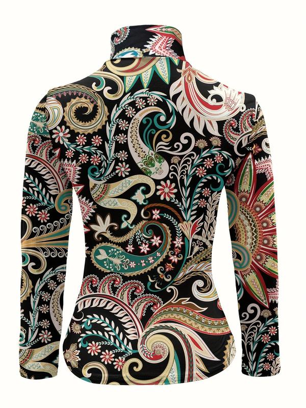 Women's Paisley Print Wrap High Neck Tee, Casual Long Sleeve T-Shirt for Fall & Winter, Women's Clothing for Daily Wear