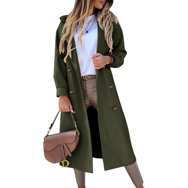 Fisoew Women's Long Coat Notched Lapel Collar Double Breasted Pea Coat Winter Elegant Wool Blend Over Coats Jackets NX2274