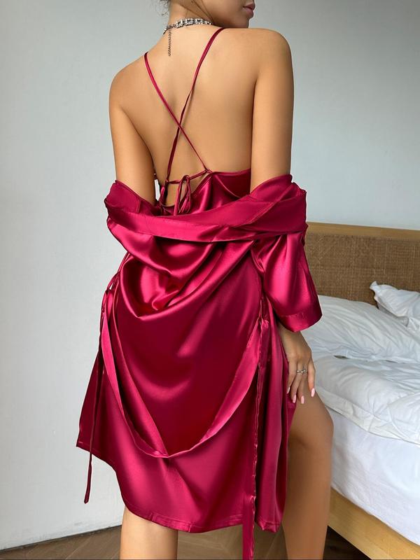 Two-piece Set Women's Solid Belted Satin Robe & Contrast Lace Split Thigh Cami Nightdress Pyjama Set, Elegant Comfy Drop Shoulder Long Sleeve Robe & Cami Nightdress Pj Set, Women's Sleepwear Dresses for Spring & Fall