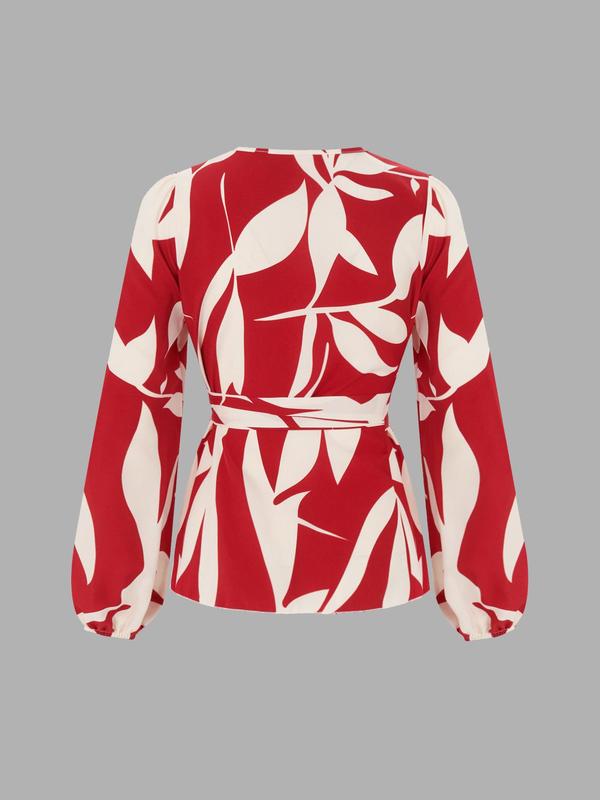 YOZY Women's All Over Print Wrap Belted Blouse, Casual Bishop Sleeve V Neck Top for Daily Wear, Ladies Clothes for All Seasons