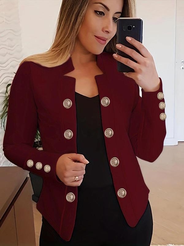 Women's Plain Fake Button Front Jacket, Casual Long Sleeve Stand Collar Open Front Outerwear for Spring & Fall, Ladies Tops Clothes for Daily Wear