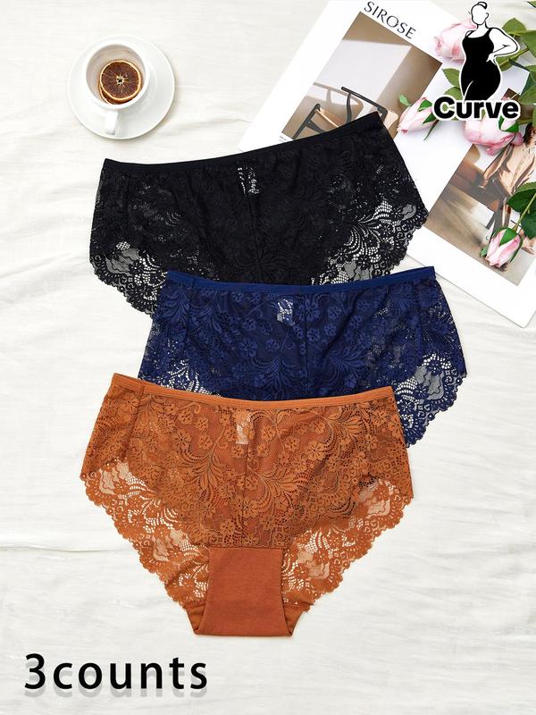 Plus 3pcs Floral Lace High Waist Knicker, Soft Comfy Breathable Panty For Daily Wear, Women's Underwear Bottoms For All Seasons