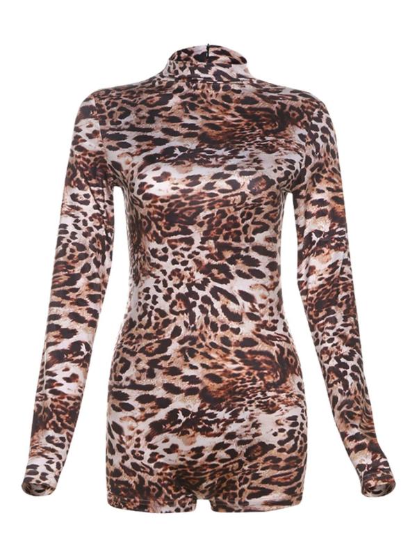 Women's Leopard Print Mock Neck Romper, Fashion Casual Long Sleeve Romper for Daily Outdoor Wear, Women Clothes for Spring & Fall