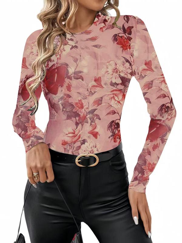 Women's Floral Print Sheer Tulle Tight Sleeve Tee, Elegant Long Sleeve Round Neck Top for Daily Wear, Ladies Clothes for All Seasons