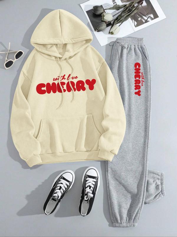 Two-piece Set Women's Cherry and Letter Print Thermal Lined Hoodie & Drawstring Waist Sweatpants, Casual Fashion Cozy Breathable Two Piece Outfits for Daily Wear, Sweatsuits for Women, Ladies Fall & Winter Clothes