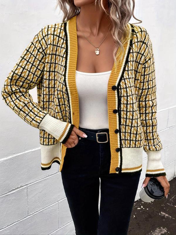 Women's All Over Print Button Front Cardigan, Womenswear Fitted Knitting Tops, Comfort Breathable Casual Drop Shoulder Longsleeves Knitwear for Fall, Fall Outfits, Fallfreshness, Preppy 80s Clothes