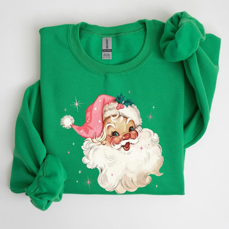 Retro Santa, Pink Christmas Sparkles, Vintage, Winter, Snow, Xmas Sweatshirt, Women's Crew Neck, Crewneck