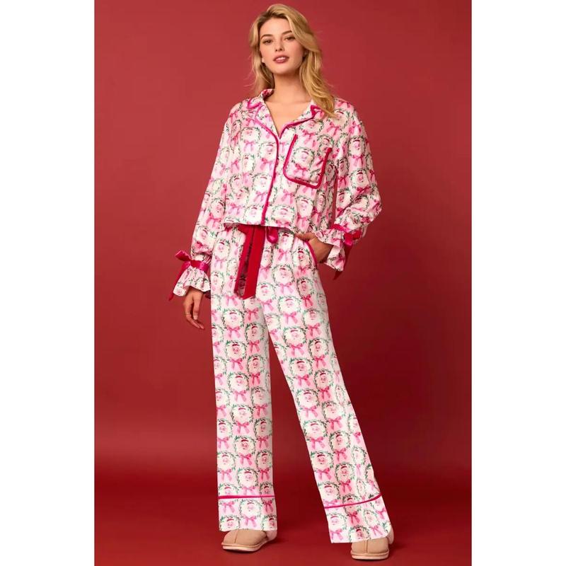 Cute Christmas Pajamas Women Bow Tie Long Sleeve Shirt Pants Pj Set Xmas Graphic Print 2 Piece Satin Sleepwear Comfort Loungewear