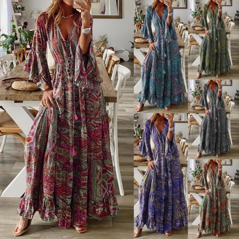 2024 Bohemian Flare Sleeve Printed V-neck High Waist Holiday Dress Floral Female Dress