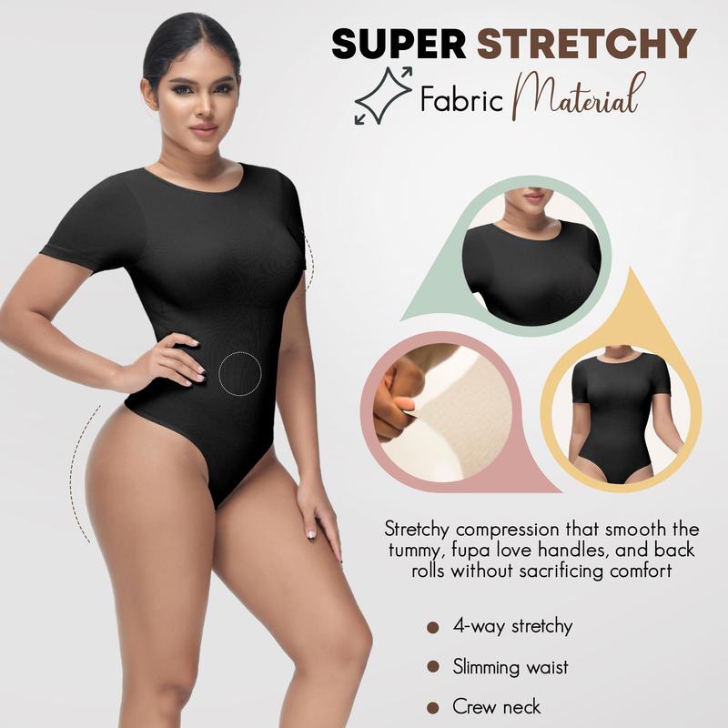 Soo Slick Women's Tummy Control Bodysuit – Crew Neck, Short Sleeve, Thong Sculpting Shapewear with Removable Padding for Comfort & Style Minimalist