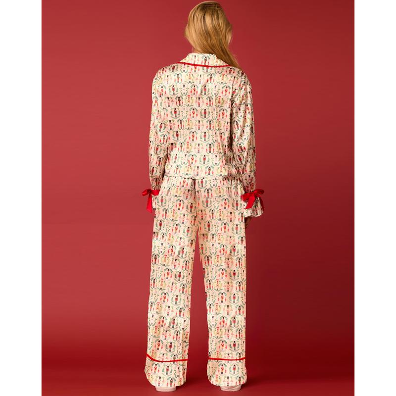 Cute Christmas Pajamas Women Bow Tie Long Sleeve Shirt Pants Pj Set Xmas Graphic Print 2 Piece Satin Sleepwear Comfort Loungewear