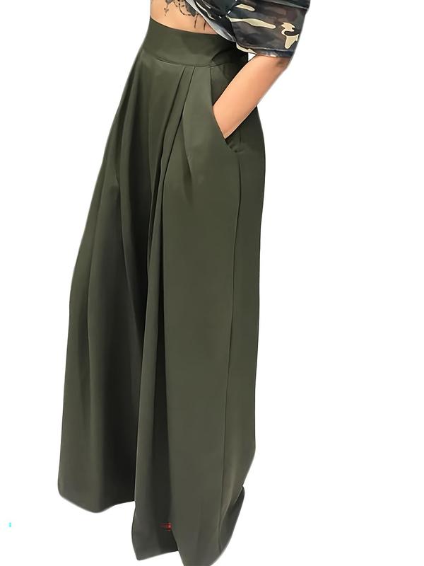 Women's Plain Plicated Pocket Wide Leg Pants, Casual Comfy High Waist Trousers for Summer, Ladies Bottoms for Daily Wear