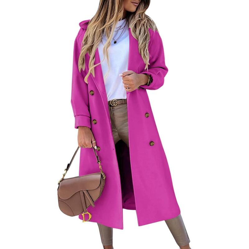 Fisoew Women's Long Coat Notched Lapel Collar Double Breasted Pea Coat Winter Elegant Wool Blend Over Coats Jackets NX2274