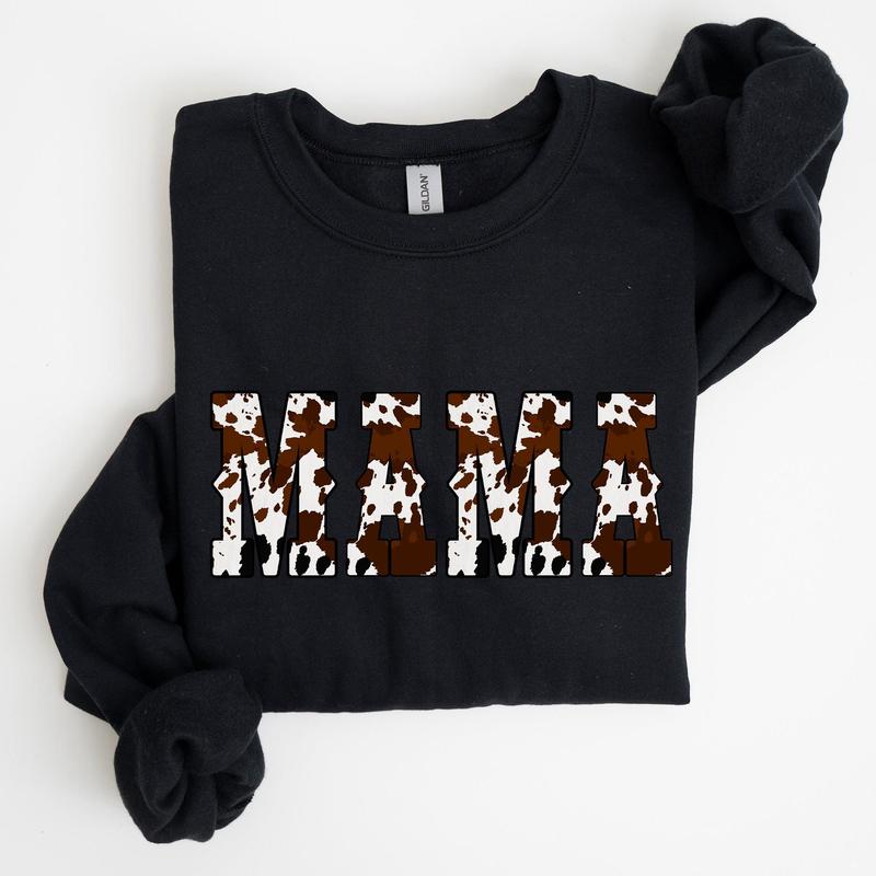 Mama, Cow Print, Western, Country, Varsity, Retro, Vintage Sweatshirt, Crew Neck, Women's, Crewneck