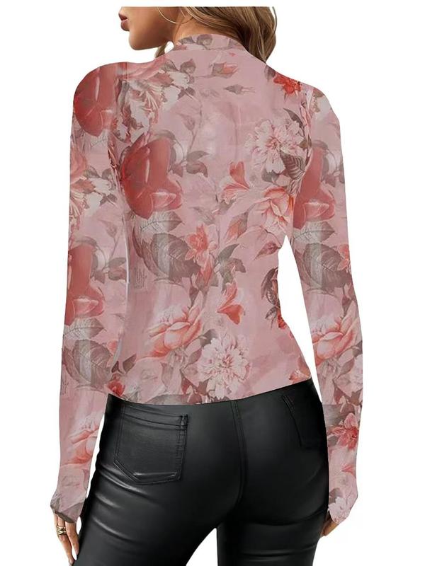 Women's Floral Print Sheer Tulle Tight Sleeve Tee, Elegant Long Sleeve Round Neck Top for Daily Wear, Ladies Clothes for All Seasons