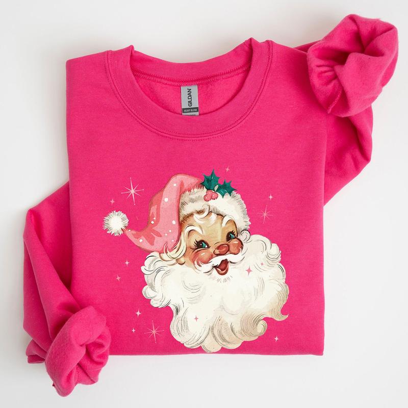 Retro Santa, Pink Christmas Sparkles, Vintage, Winter, Snow, Xmas Sweatshirt, Women's Crew Neck, Crewneck