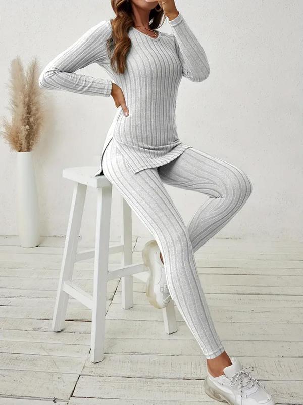 Two-piece Set Women's Solid Long Sleeve Split Hem Tee & Pants Fleece Pajama Set, Casual Comfy V Neck Top & Trousers Pj Set,  Pajama Sets Women, Ladies Sleepwear for Spring & Fall, Fall Wear, Fallfreshness