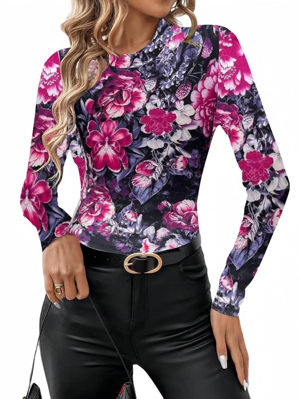 Women's Floral Print Sheer Tulle Tight Sleeve Tee, Elegant Long Sleeve Round Neck Top for Daily Wear, Ladies Clothes for All Seasons