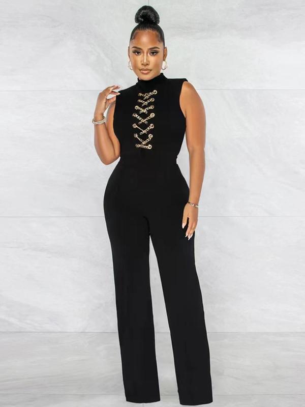 Women's Solid Chain Decor Mock Neck Jumpsuit, Fashion Casual Straight Leg Jumpsuit for Daily Outdoor Wear, Ladies Clothes for All Seasons
