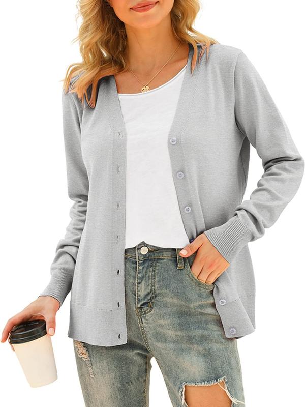 Women's Plain Button Front V Neck Cardigan, Casual Long Sleeve Cardigan for Daily Wear, Cardigans for Women, Ladies Knitwear for All Seasons