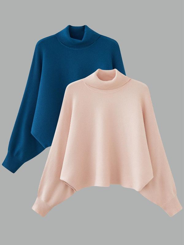 Women's Solid Color Batwing Sleeve Turtleneck Sweater, Casual Long Sleeve Jumper for Fall & Winter, Fashion Ladies' Knitwear for Daily Wear