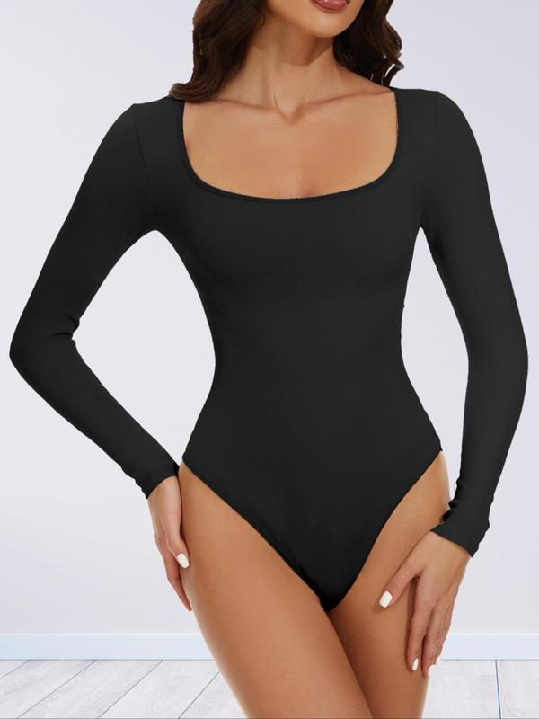 Women's Solid Long Sleeve Square Neck Shapewear Bodysuit, Casual Comfy Tummy Control Bodysuit for Daily Wear, Women's Shapewear for Spring & Fall