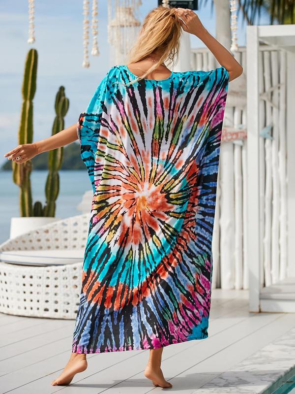 Women's All Over Print Batwing Sleeve Side Split Kaftan Dress, Summer Clothes Women, Casual Printed Half Sleeve V Neck Loose Dress, Women's Dress For Summer