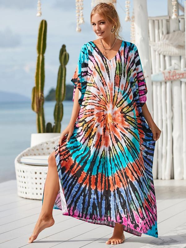 Women's All Over Print Batwing Sleeve Side Split Kaftan Dress, Summer Clothes Women, Casual Printed Half Sleeve V Neck Loose Dress, Women's Dress For Summer