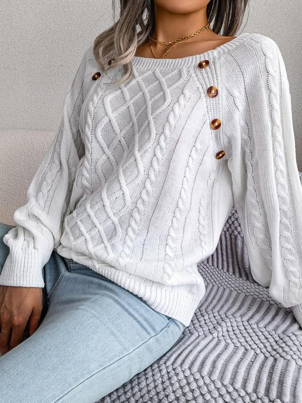 Plus Size Solid Color Cable Knit Sweater, Casual Long Sleeve Boat Neck Jumper for Fall & Winter, Women's Plus Clothing for Daily Wear