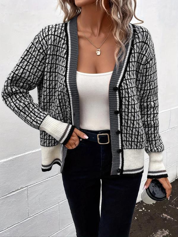 Women's All Over Print Button Front Cardigan, Womenswear Fitted Knitting Tops, Comfort Breathable Casual Drop Shoulder Longsleeves Knitwear for Fall, Fall Outfits, Fallfreshness, Preppy 80s Clothes