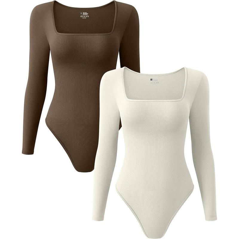 OQQ Women's 2 Piece Bodysuits Sexy Ribbed One Piece Square Neck Long Sleeve Bodysuits