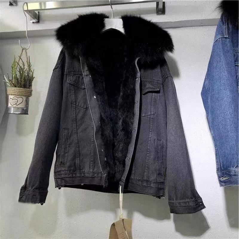 Short Coat Cotton-Padded Coat 2024 Winter Fleece-lined New Cotton Clothing Loose Korean Style Denim Fur Collar Thickened Coat for Women