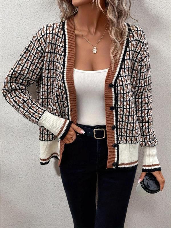 Women's All Over Print Button Front Cardigan, Womenswear Fitted Knitting Tops, Comfort Breathable Casual Drop Shoulder Longsleeves Knitwear for Fall, Fall Outfits, Fallfreshness, Preppy 80s Clothes