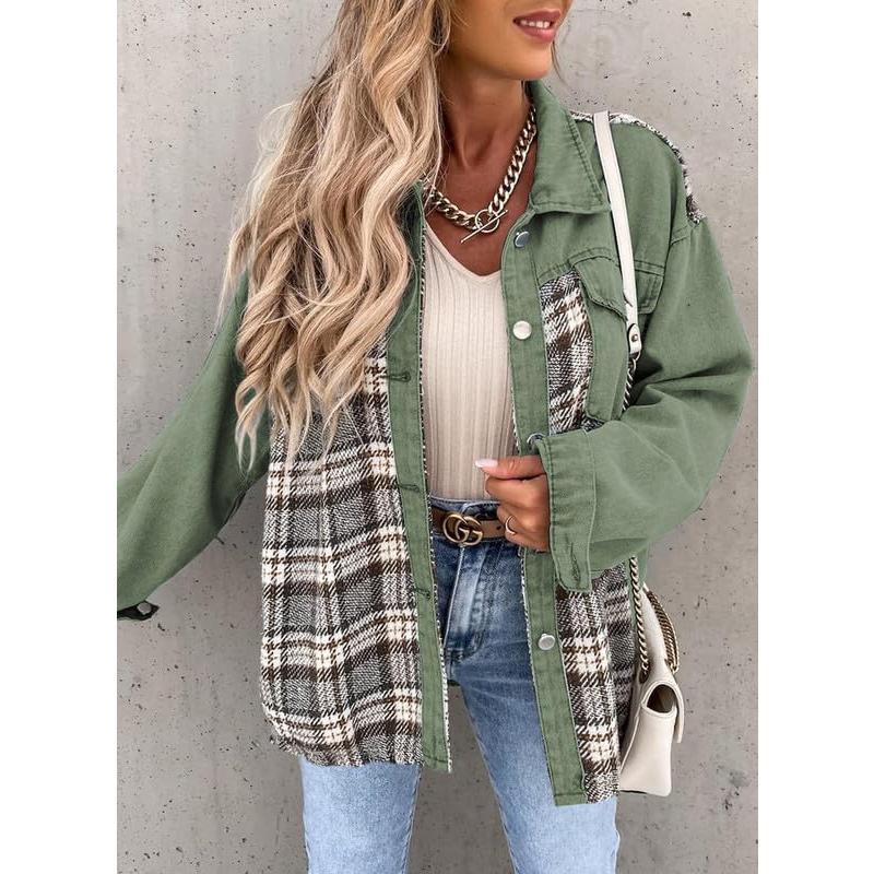 EVALESS Women's Denim Jacket Long Sleeve Plaid Button Down Shacket Jacket