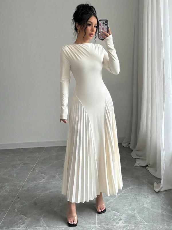 Women's Plain Boat Neck Pleated A Line Dress, Elegant Long Sleeve Ruched Long Dress for Party Holiday Wedding Guest, Ladies Spring & Fall Clothes