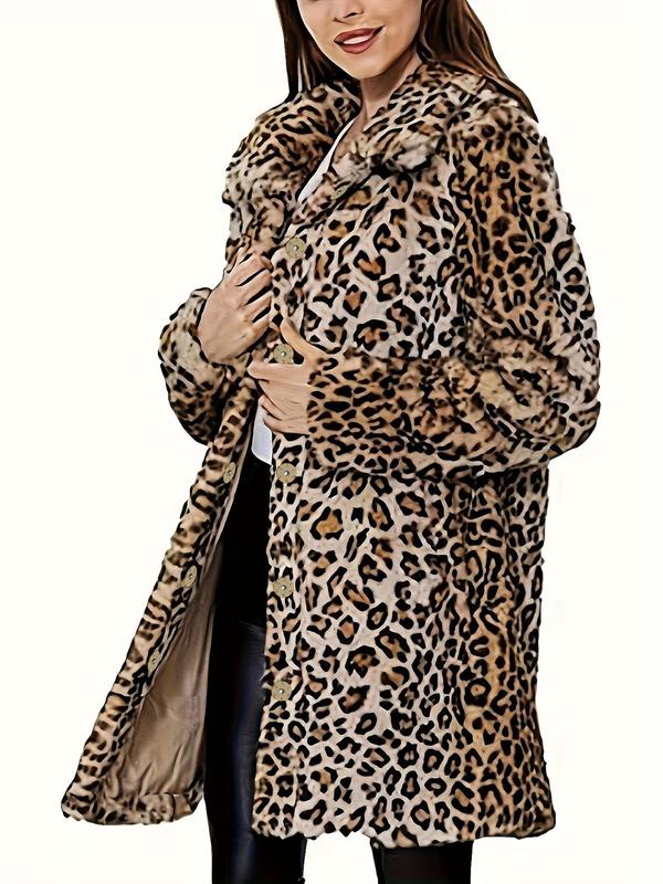 Women's Leopard Print Button Front Pocket Faux Fur Coat, Casual Long Sleeve Collared Outerwear for Fall & Winter, Winter Coat for Women, Ladies Clothes for Daily Wear