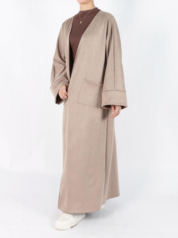 Women's Solid Long Sleeve Open Front Suede Abaya Coat, Elegant Long Sleeve Pocket Design Long Coat for Fall & Winter, Winter Clothes Women, Women's Islamic Clothing for Daily Wear