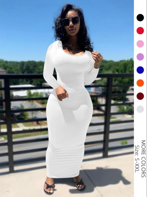 Women's Plain Long Sleeve Bodycon Dress, Casual Scoop Neck Long Dress for Party Holiday, Ladies Clothes for Fall & Winter