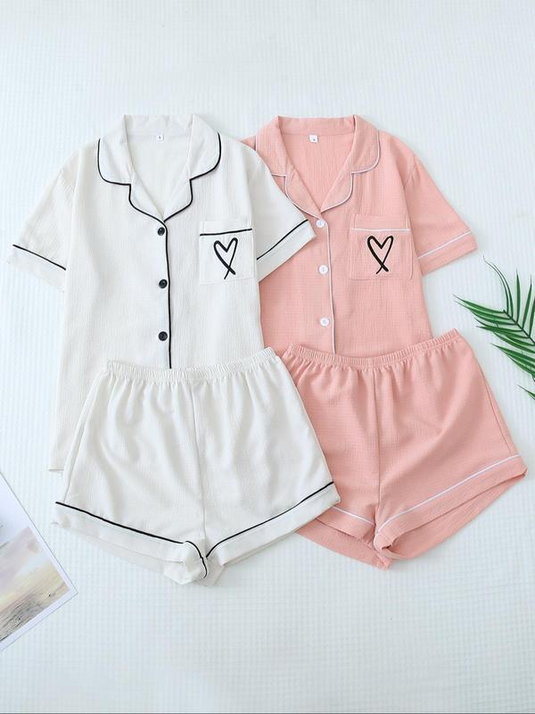 Women's Heart Print Contrast Binding Pj Set, Pocket Collared Shirt & Shorts Loungewear Set, Casual Comfy Women's Sleepwear, Summer Wear 2024, Summer Clothes Women