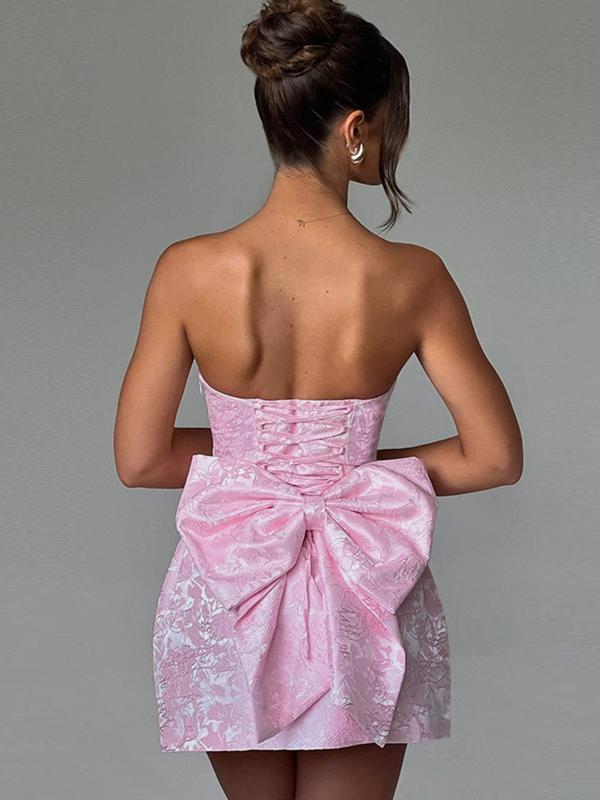 Women's Floral Jacquard Lace Up Big Bow Tube Dress, Elegant Strapless A Line Short Dress for Party Club Dating Wear, Ladies Clothes for All Seasons, Backless Wedding Dress