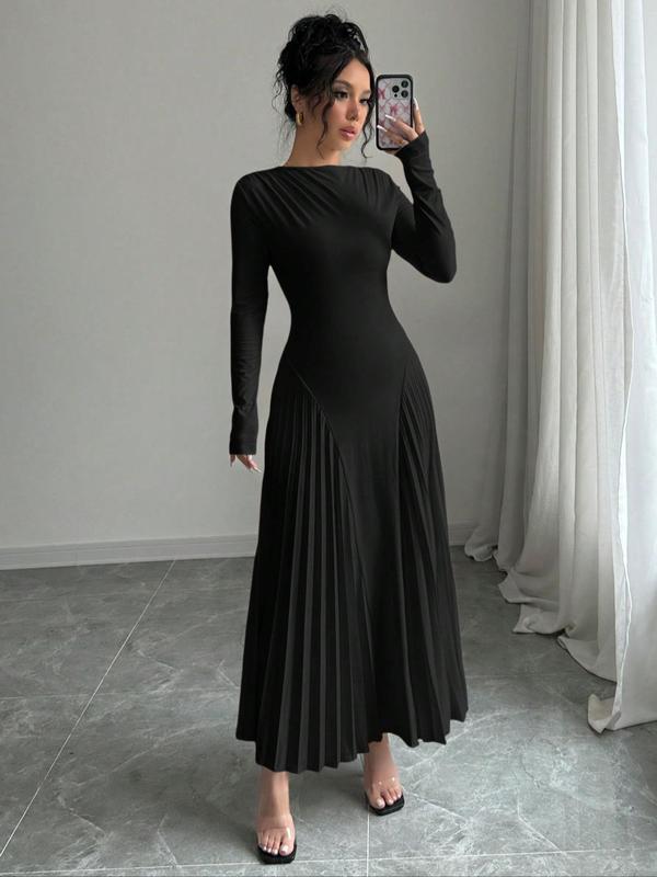 Women's Plain Boat Neck Pleated A Line Dress, Elegant Long Sleeve Ruched Long Dress for Party Holiday Wedding Guest, Ladies Spring & Fall Clothes