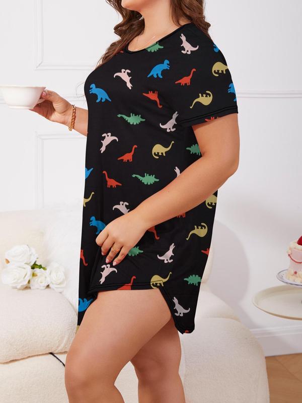 Plus Size Dinosaur Print Round Neck Nightdress, Casual Soft Comfortable Short Sleeve Nightgown for Women, Women's Sleepwear for All Seasons