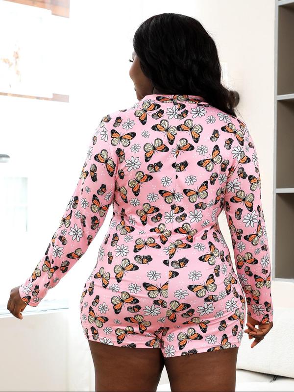  All Over Butterfly Print V Neck Onesie, Elegant Casual Comfy Long Sleeve Jumpsuit for Daily Wear, Women's Sleepwear for Fall & Winter